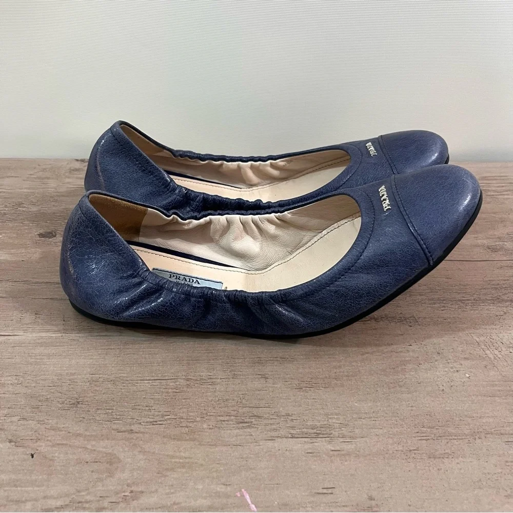 Prada Leather Scrunch Ballet Flats 9.5 Navy Blue 39.5 Made In Italy - Picture 6 of 9